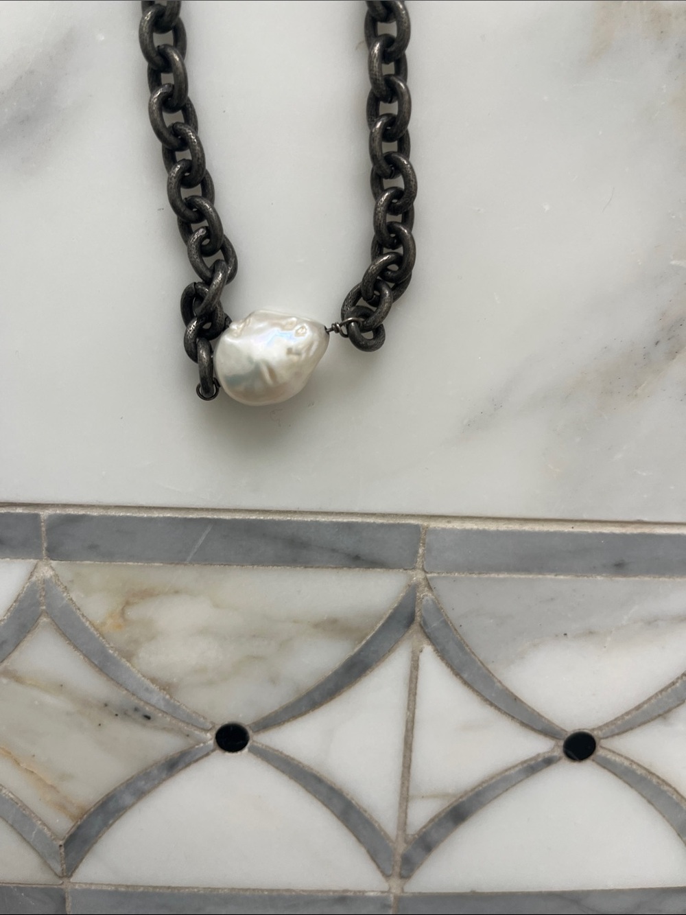 Baroque White Pearl Necklace on stainless steel oxidized Chain